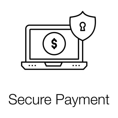 Güvenli ödeme ikonu güvenlik kalkanı kavramına sahip dizüstü bilgisayarda dolar.
