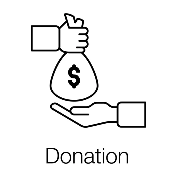 Εικονίδιο Της Δωρεάς Χέρι Δίνοντας Τσάντα Χρήματα Στο Σχεδιασμό Γραμμή — Διανυσματικό Αρχείο