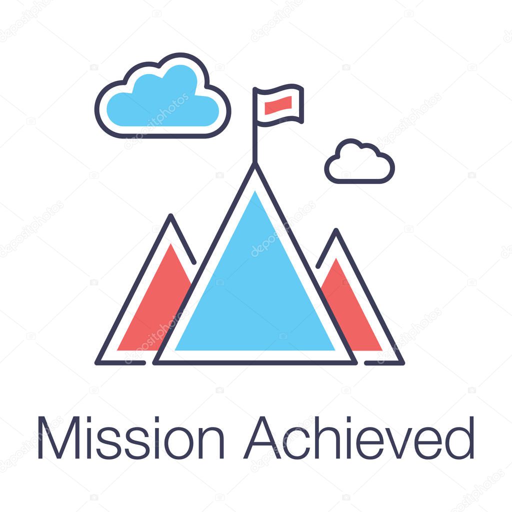 Flat design icon of mission accomplished, flag on mountains 