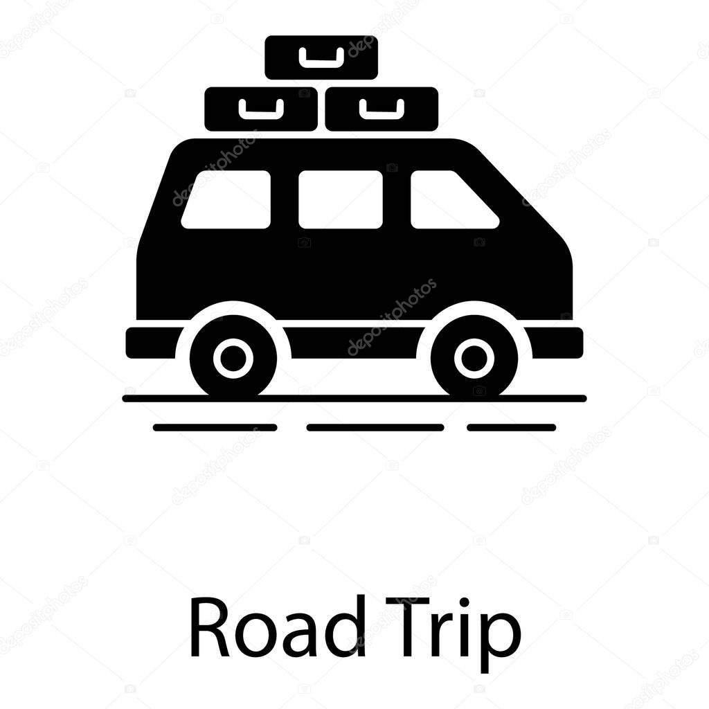 Vacational trip by road transport, road trip glyph design 