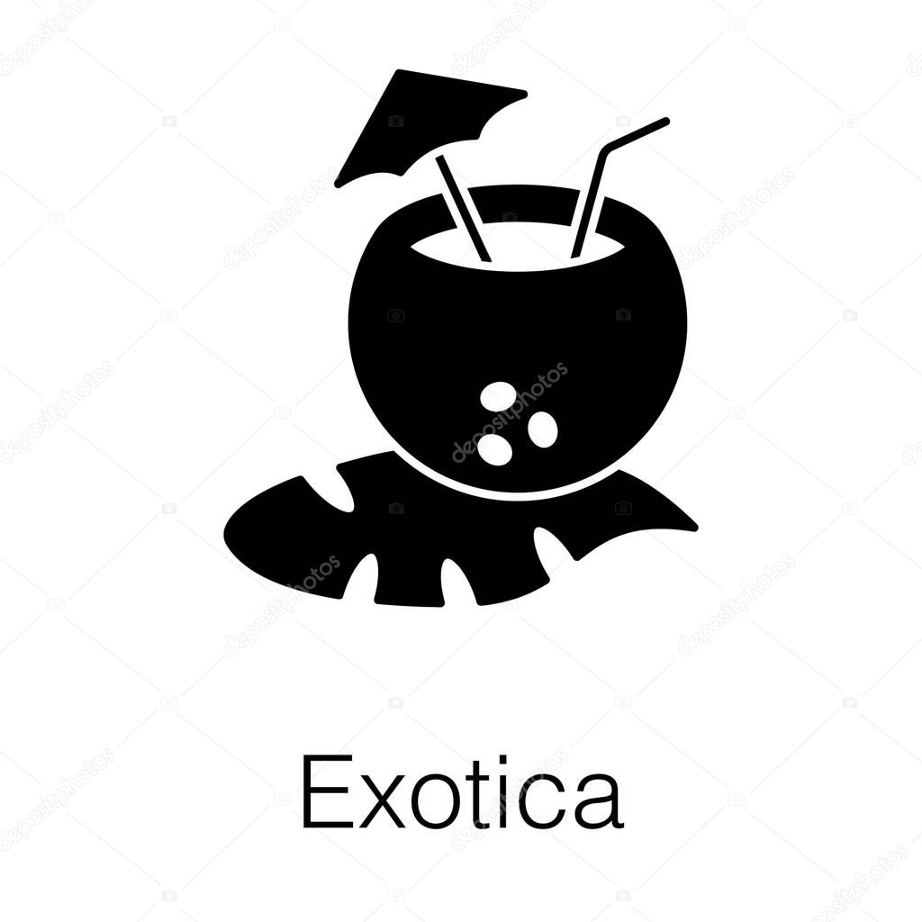 Tropical fresh juice inside coconut shell, exotica icon in filled vector