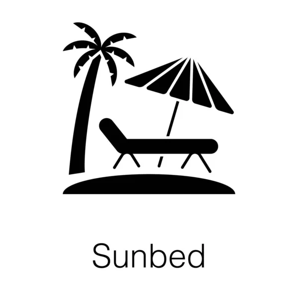 Beach patio with tree and sunshade umbrella, sunbed icon in filled style