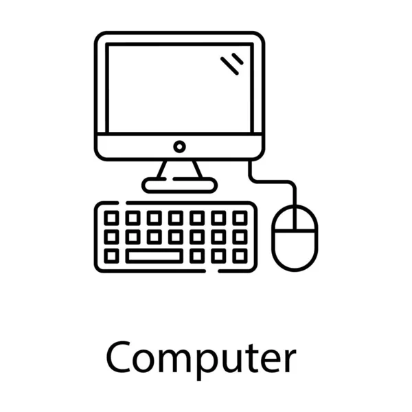 Desktop Computer Mit Tastatur Und Maus Linienvektorstil — Stockvektor