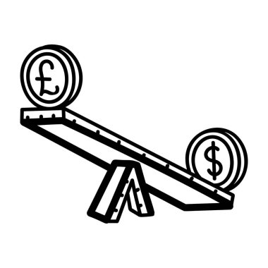 Döviz kurunun el çizimi vektörü tahterevallide uluslararası para birimleri