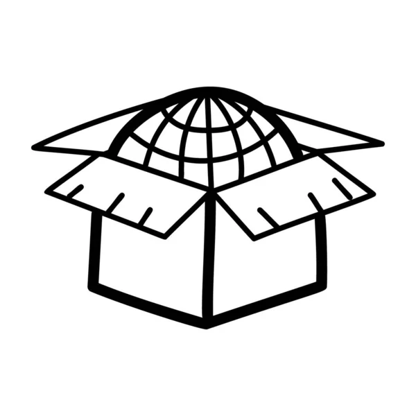 ボックス内のグローブ 世界的な小包の手描きベクトルは 世界的な配信の概念 — ストックベクタ