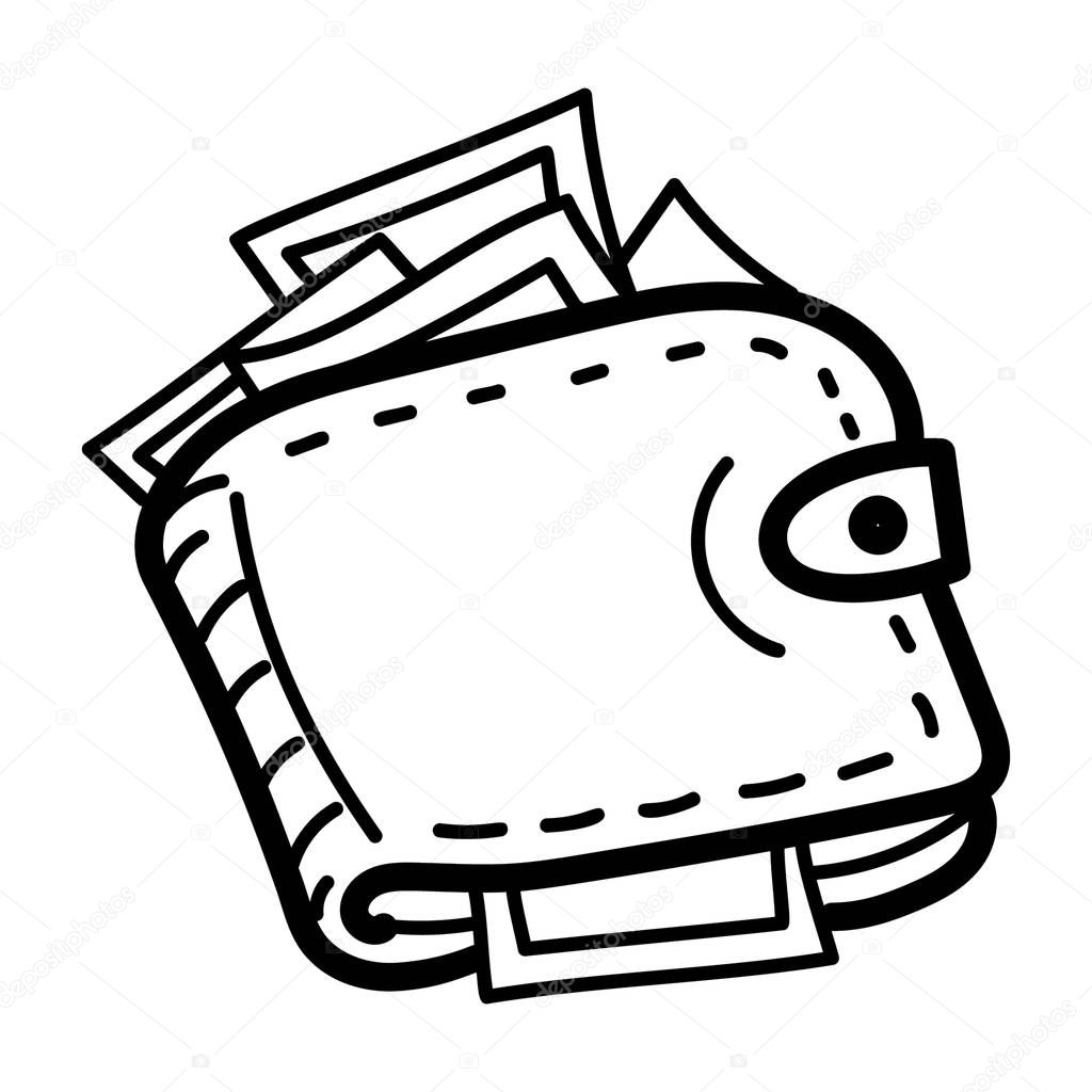 Cash wallet icon in trendy hand drawn design, wallet with money  