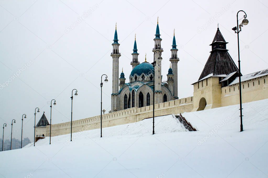 Kazan winter landscape on the walls of the Kazan Kremlin and the Kul Sharif 
