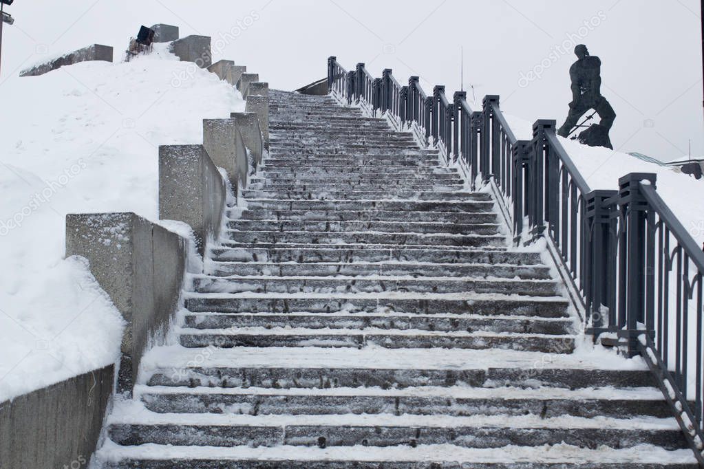 Kazan winter landscape at the walls of the Kazan Kremlin staircase