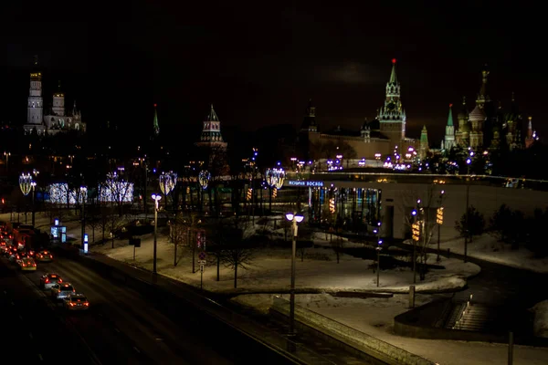 Noche Moscú Vista Desde Parque Zaryadye Río Moscú — Foto de Stock
