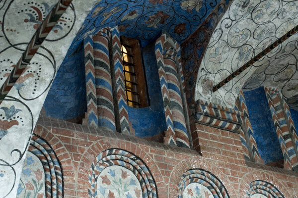 Moscow, 07/02/2019: painting of the dome and ornaments on the inner walls of St. Basil's Cathedral, the world-famous Orthodox Church on red square, a Museum where it is allowed to photograph