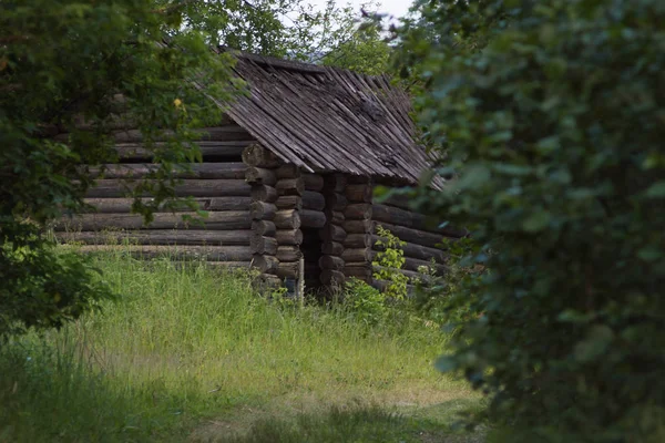 Παλαιά Εγκαταλελειμμένα Ξύλινα Σπίτια Στο Ρωσικό Χωριό Θέα Καλοκαίρι — Φωτογραφία Αρχείου