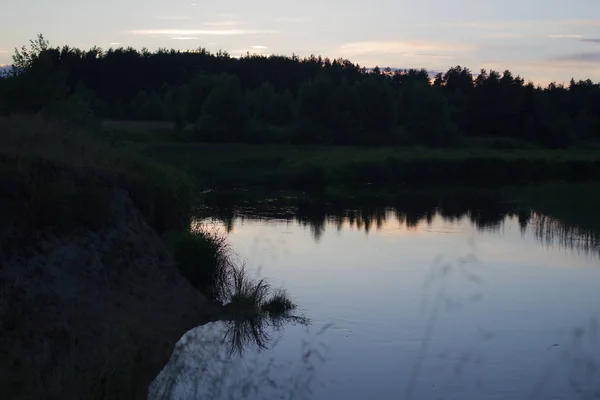 Coucher Soleil Été Dans Rivière Dans Forêt — Photo