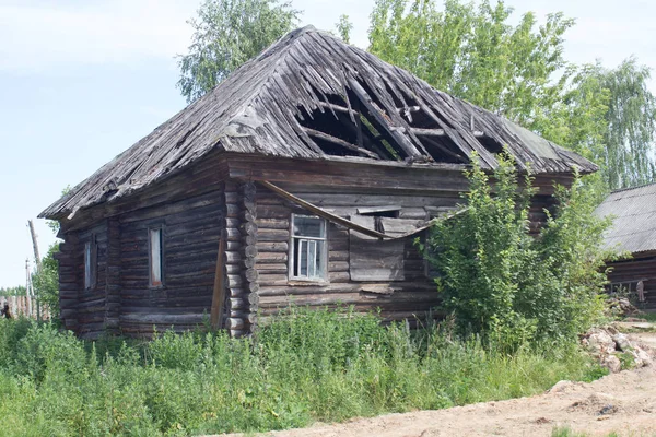 Vieilles Maisons Bois Abandonnées Vue Village Russe Été — Photo