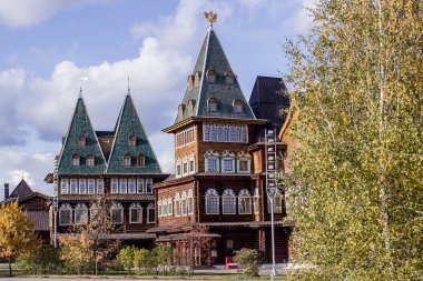 Rus Çarı Alexei Mikhailovich Romanov 'un Ahşap Sarayı Sonbaharda Güneşli bir günde Müze Parkı' nda Kolomenskoye rezervi