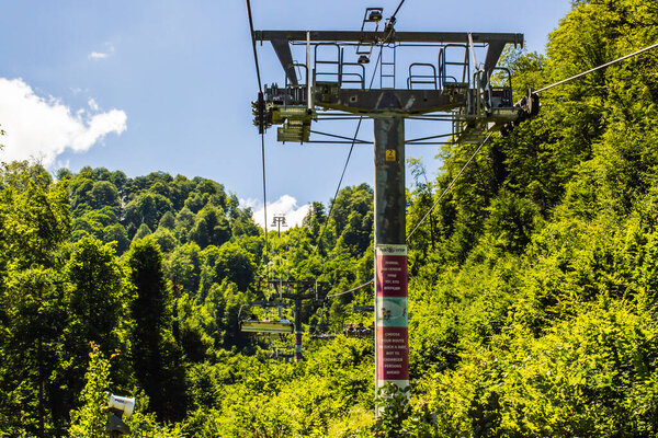 Sochi, Russia-July 11, 2020: ropeway in the Caucasus mountains in Rosa Khutor