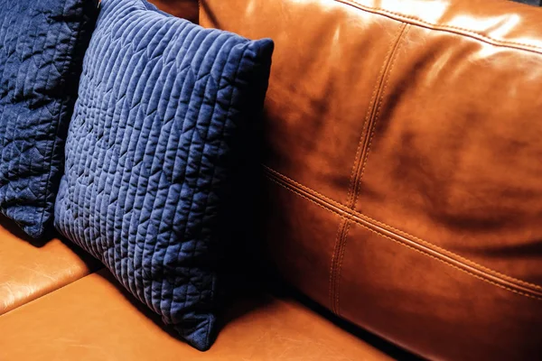 Close Detail Blue Pillow Leather Sofa — Stock Photo, Image