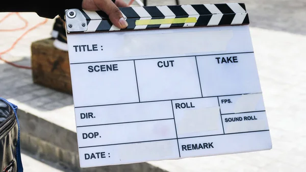 Close Film Slate Film Production Crew Background — Stock Photo, Image
