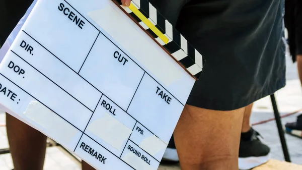 Close up of film slate, Film production crew background