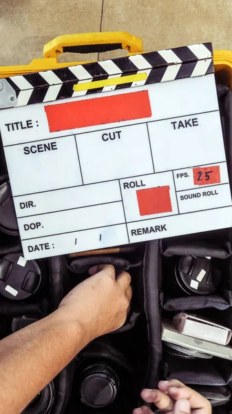 Film Prodüksiyon Ekibi Film Clapper Kurulu Yakın Çekim — Stok fotoğraf
