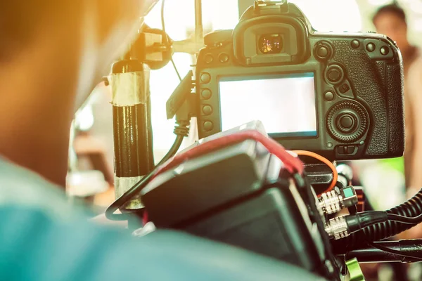 Detrás Escena Cámara Rodaje Escena Película Con Cámara — Foto de Stock