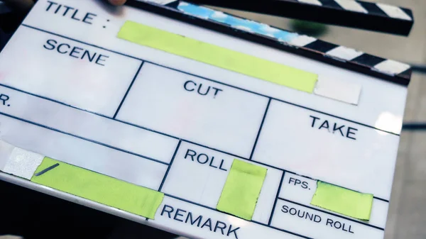 Equipo Producción Cine Primer Plano Película Clapper Board —  Fotos de Stock