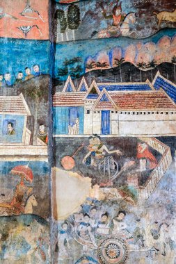 NAN, THAILAND - 2020 AĞUSTOS 05: Orijinal duvar resmi yaklaşık 400 yıl önce Wat Phumin 'de yapılmış. Nan, Tayland' da ünlü bir tapınak olan Wat Phumin 'de