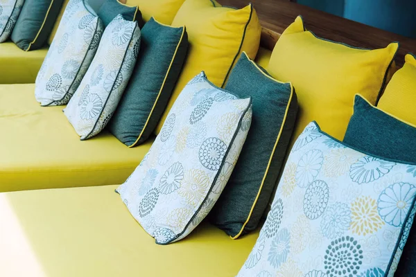 Close Yellow Fabric Sofa Cushions Decorate Tropical Resort — Stock Photo, Image