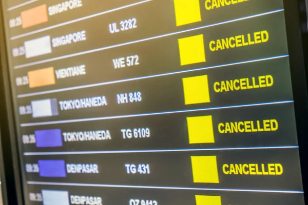 Airport Lock down - Close-up of  Airport billboard panel with cancelled flights in the airport at Suvarnabhumi Airport during COVID-19 epidemic situation.