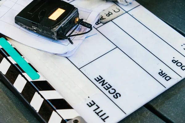 Équipement Industrie Cinématographique Image Rapprochée Film Clapper Board Sur Plateau — Photo