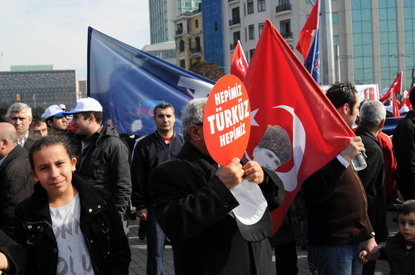 FEBRUARY 26,2012 ISTANBUL TURKEY.The protesters in Taksim Square protesting Khojaly tragedy happened in Azerbaijan by Armenians.