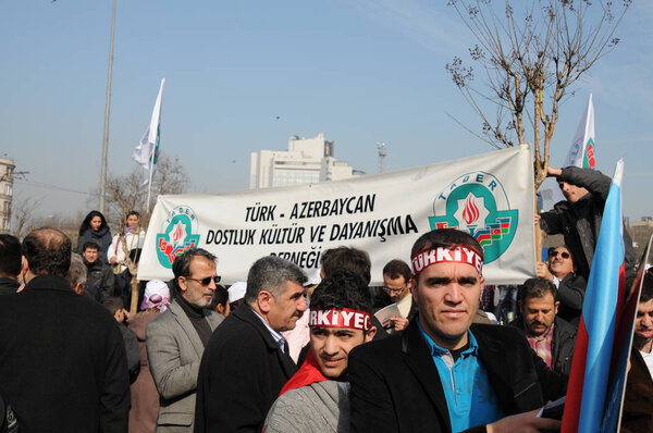 FEBRUARY 26,2012 ISTANBUL TURKEY.The protesters in Taksim Square protesting Khojaly tragedy happened in Azerbaijan by Armenians.