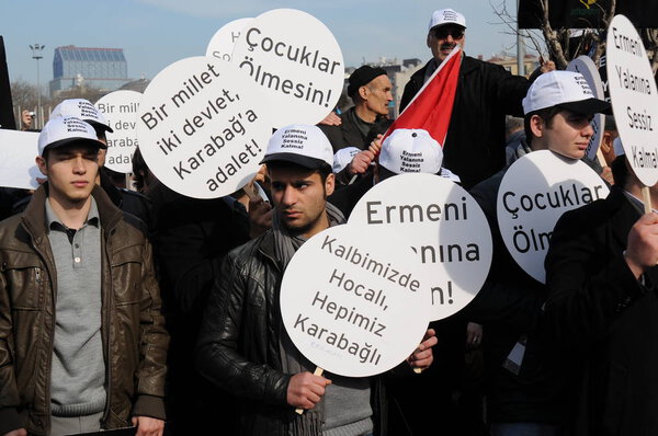 FEBRUARY 26,2012 ISTANBUL TURKEY.The protesters in Taksim Square protesting Khojaly tragedy happened in Azerbaijan by Armenians.