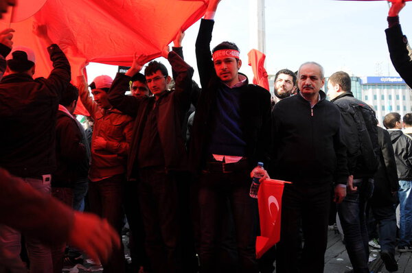 FEBRUARY 26,2012 ISTANBUL TURKEY.The protesters in Taksim Square protesting Khojaly tragedy happened in Azerbaijan by Armenians.
