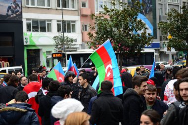 23 Şubat 2014 İstanbul Türkiye.Protestocular, Azerbaycan'da Ermeniler tarafından Türklere karşı yaşanan Hocalı trajedisini protesto etmek için Taksim Meydanı'nda.