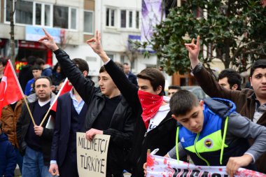 23 Şubat 2014 İstanbul Türkiye.Protestocular, Azerbaycan'da Ermeniler tarafından Türklere karşı yaşanan Hocalı trajedisini protesto etmek için Taksim Meydanı'nda.