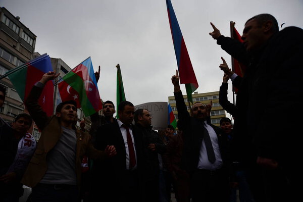 FEBRUARY 23,2014 ISTANBUL TURKEY.The protesters are in Taksim Square protesting Khojaly tragedy which happened against to Turks in Azerbaijan by Armenians.