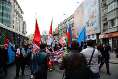 23 Şubat 2014 İstanbul Türkiye.Protestocular, Azerbaycan'da Ermeniler tarafından Türklere karşı yaşanan Hocalı trajedisini protesto etmek için Taksim Meydanı'nda.