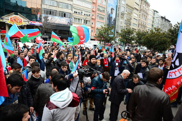 FEBRUARY 23,2014 ISTANBUL TURKEY.The protesters are in Taksim Square protesting Khojaly tragedy which happened against to Turks in Azerbaijan by Armenians.