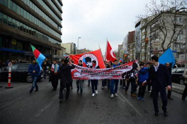 23 Şubat 2014 İstanbul Türkiye.Protestocular, Azerbaycan'da Ermeniler tarafından Türklere karşı yaşanan Hocalı trajedisini protesto etmek için Taksim Meydanı'nda.