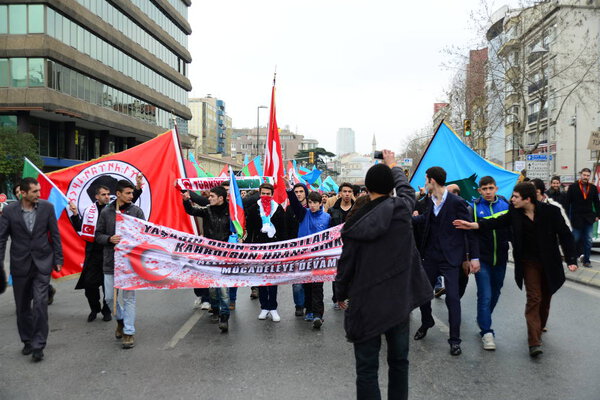 FEBRUARY 23,2014 ISTANBUL TURKEY.The protesters are in Taksim Square protesting Khojaly tragedy which happened against to Turks in Azerbaijan by Armenians.
