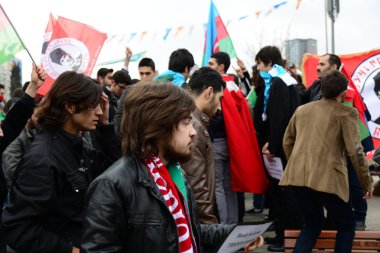 23 Şubat 2014 İstanbul Türkiye.Protestocular, Azerbaycan'da Ermeniler tarafından Türklere karşı yaşanan Hocalı trajedisini protesto etmek için Taksim Meydanı'nda.