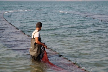 02 Eylül 2008 İznik Bursa Türkiye.Kıyı balıkçılığı. İznik Gölü'nde ağı alan balıkçı.