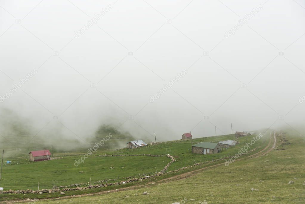 The Iskopil plateau of Macka Province of Trabzon city Turkey.Fog covers the hills in a foggy day.