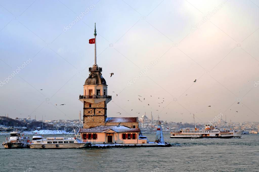 Maiden Tower of Istanbul at sunset in the early morning.