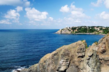 İstanbul'un Anadolu Kavagi köyünde kayalık plaj. Berrak gökyüzü ve mavi deniz.