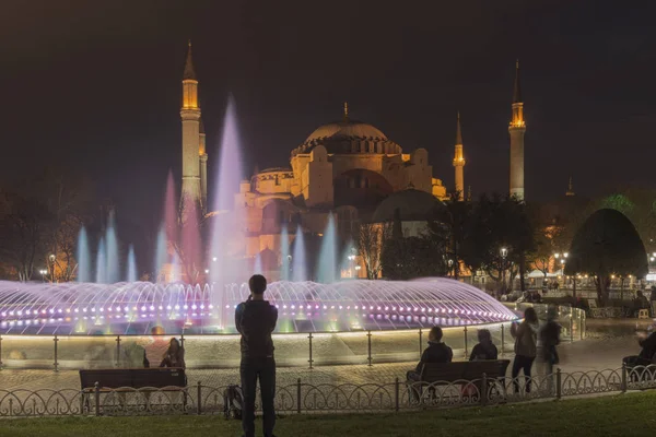 Piscina Ornamental Entre Mesquita Azul Hagia Sophia Visual Show Iluminações — Fotografia de Stock
