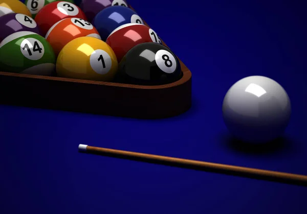 Billiard Balls Cue Blue Background — Stock Photo, Image