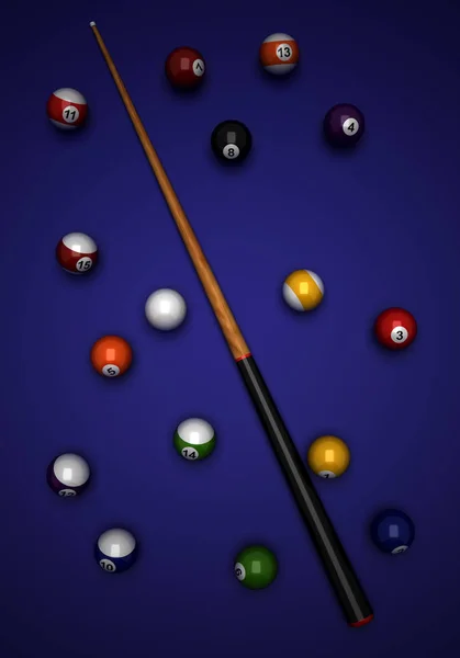 Billiard balls and cue from top view
