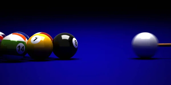 Billiard Balls Cue Blue Background — Stock Photo, Image