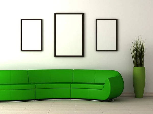 Molduras em branco e sofá — Fotografia de Stock